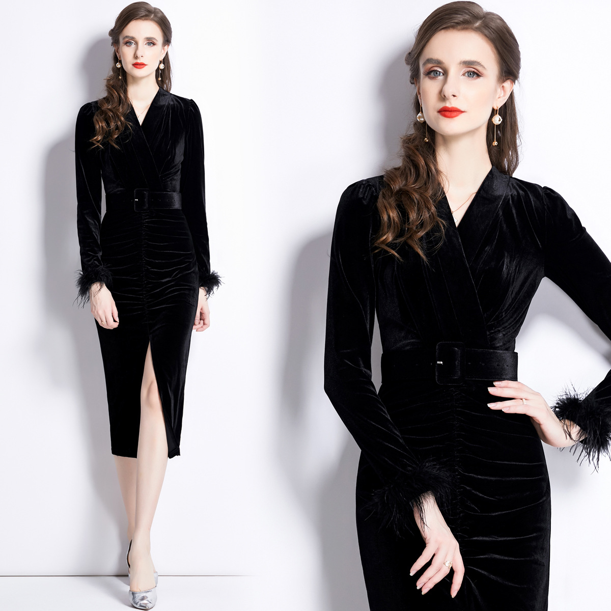 Real shot in stock elegant socialite gold velvet dress V-neck tight waist pleated small dress split with belt