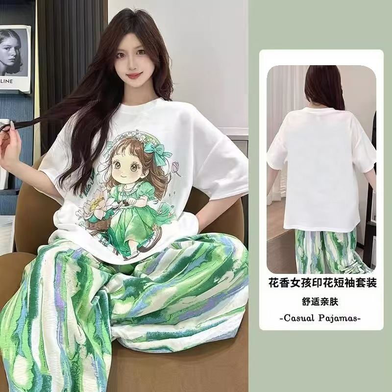 Picture of Pajamas Women's Spring and Autumn Summer Short-sleeved Trousers Large Size Loose Korean Style Fresh Cute Sweet Student Home Suit