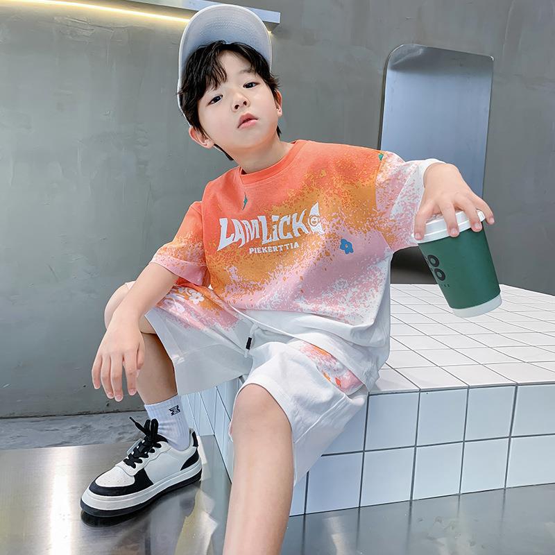 2023 new children's clothing children's summer clothes fashion brand boys rendering suit new summer clothes boys big children sports two
