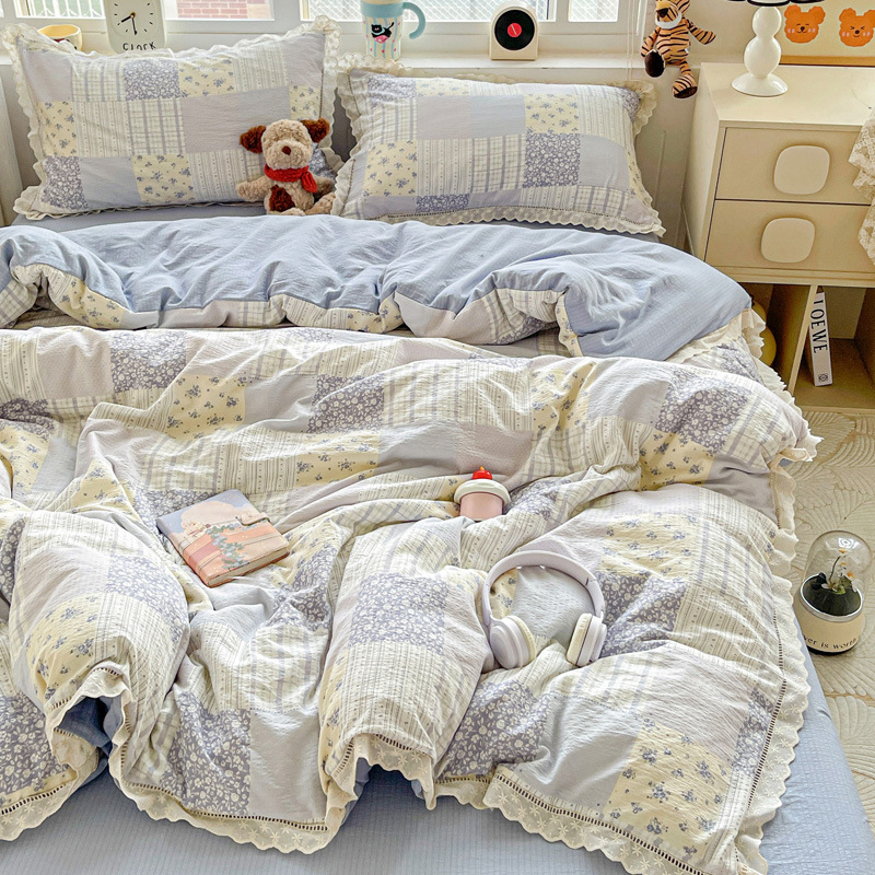 25 New Cloud Sense Four-piece Set Kapok Double Yarn Lace Quilt Cover Instagram Style Wash Cotton Bed Sheet Bed Three-piece Set
