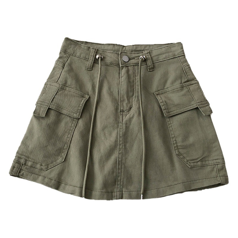 Drawstring Lace-up High Waist Denim Skirt Women's Spring 2024 Korean Style Retro All-match Anti-slip Skirt