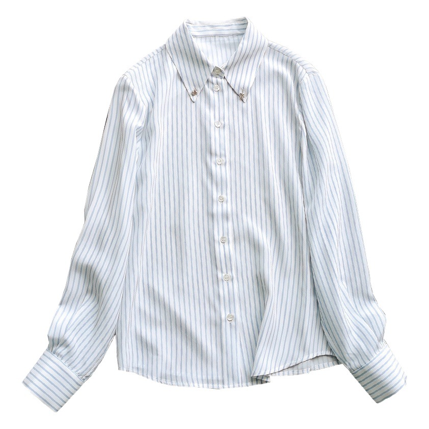 No Support 7-Day New Commuter Ol Blue Pinstripes Silk Shirt for Women Mulberry Silk Long-Sleeved Shirt Collar Button