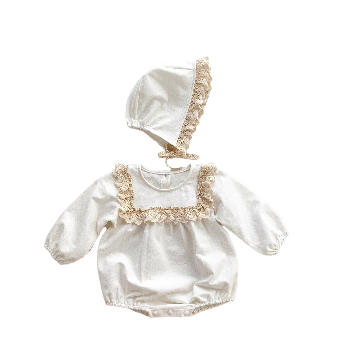 Picture of 2025 Spring Korean Style Baby Jumpsuit for Baby Girl Long-Sleeved Lace Collar Romper Bag Fart Clothing with Hat