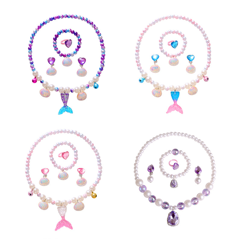 2021 Children's Necklace Mermaid Tail Girls Pearl Necklace Bracelet Ring Earrings Set Girls Baby Accessories