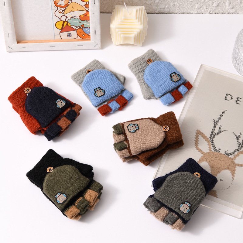 Picture of Children's flip gloves autumn and winter boys half finger warm cute Primary School students writing knitted dual-purpose gloves wholesale