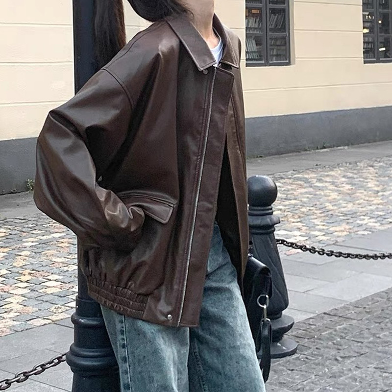 Black leather coat autumn women's 2024 new cool and ruddy motorcycle short jacket top