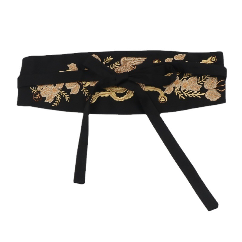 Gold Embroidered Silks and Satins Wide Girdle for Women Fabric Bow Ethnic Style with Han Dynasty Dress Strap Belt for Women