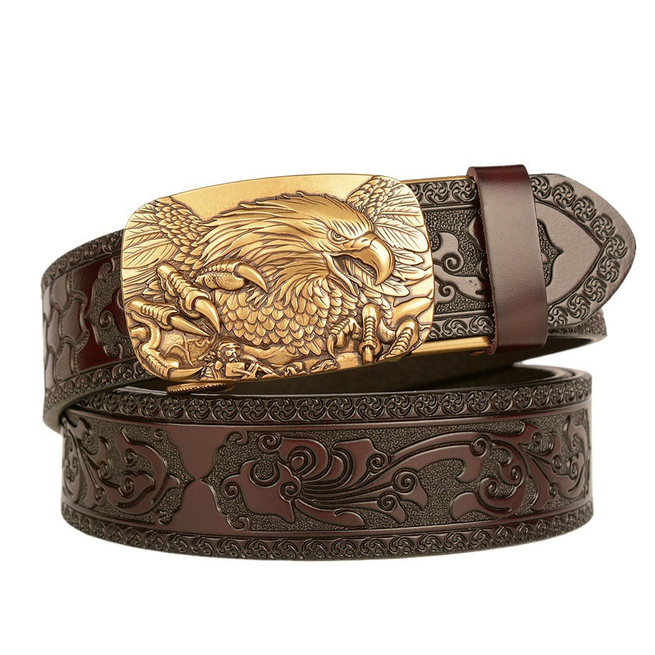 New cowhide men's belt personality domineering claw Eagle automatic buckle belt fashion Tang grass pattern carved jeans belt