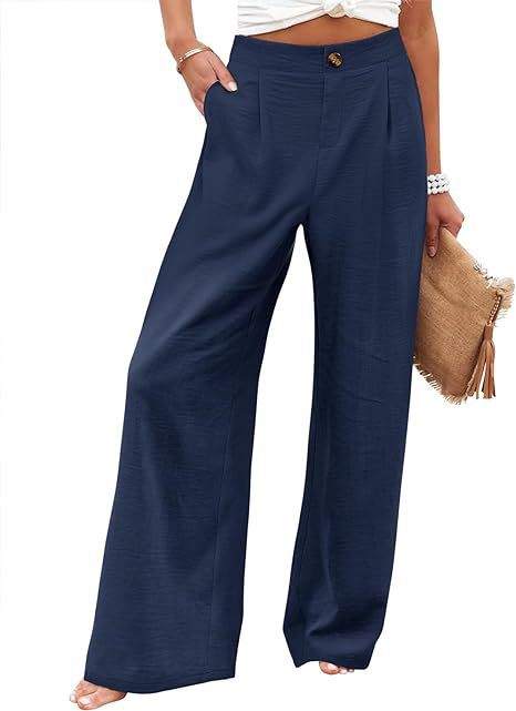 Picture of 2025 Cross-Border Amazon European and American Summer Plaid High Waist Trousers Button Elastic Waist Wide Leg Pants Women's Casual Straight-Leg Pants
