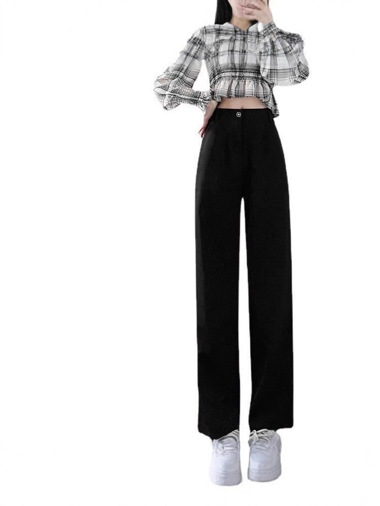 Picture of Fashionable Wide-Leg Pants for Women, Summer Thin Drape Straight-Leg Dress Pants, Petite Autumn Long Pants, Black Suit Pants