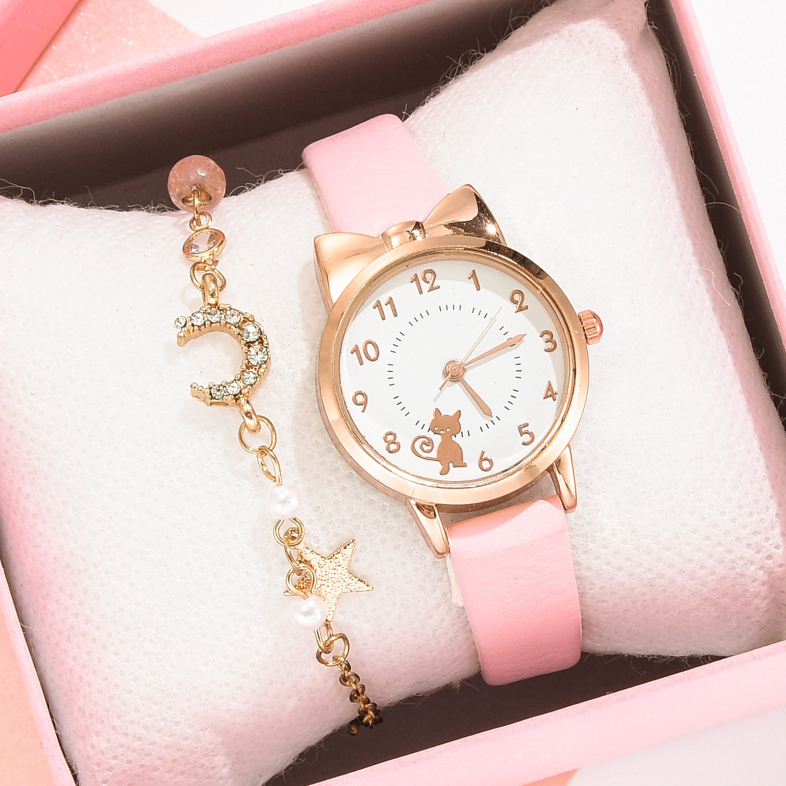 New Hot Sale Small Fresh Cute Cat Student Watch Star Moon Bracelet suit Ladies Quartz Watch Wholesale