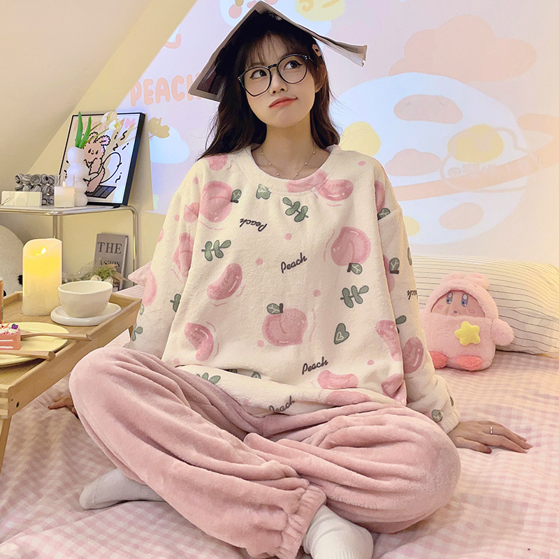 Pajamas Women's Autumn and Winter Flannel Thickened Sweet Cute Korean Coral Fleece Crewneck Pajamas Home Clothes suit