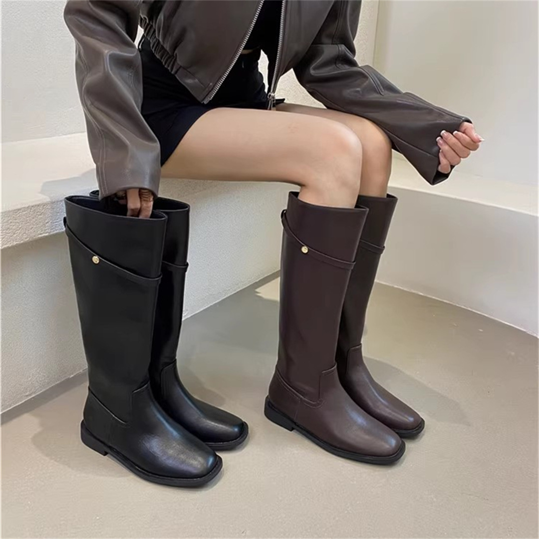 South Korea Dongdaemun high boots women's boots autumn and winter new large tube circumference retro small gold buckle knee riding boots