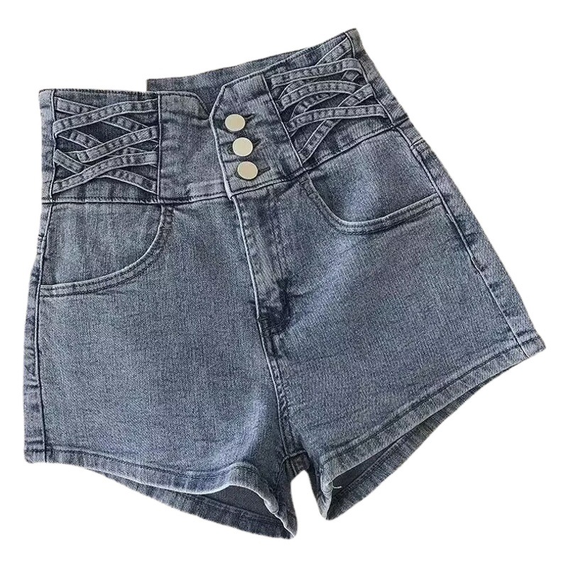 Thin Denim Shorts Women's Summer Outer Wear Buckle Tinting and High Waist Stretch Slim-fit A- shaped Wide Leg Hot Girl High Waist