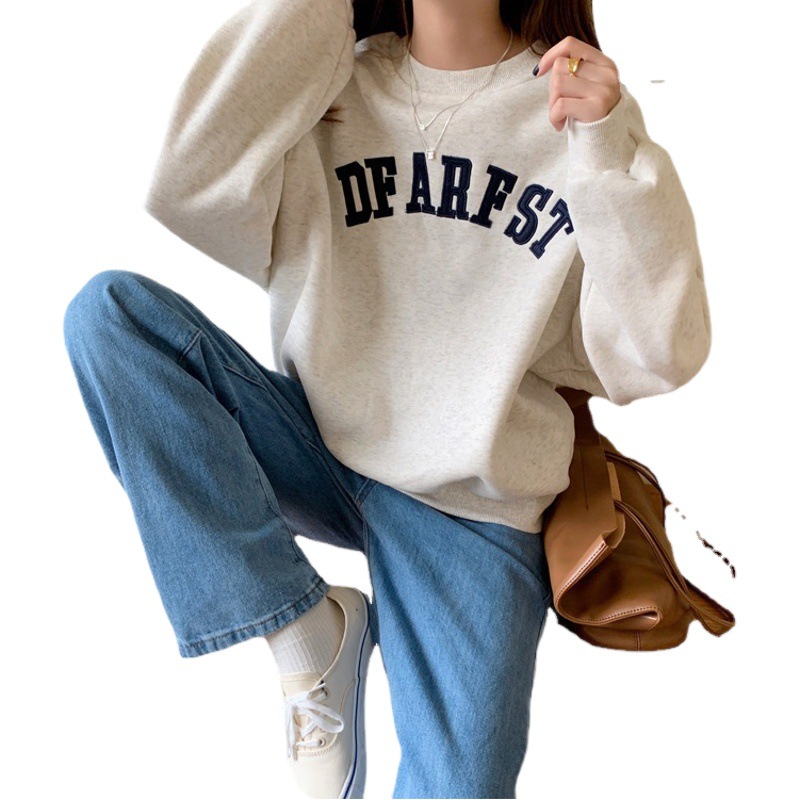 Round Neck Embroidered Letter Sweatshirt for Women 2023 New Spring & Fall Loose Long-Sleeved Top Thin Sweatshirt for Women Export Wholesale