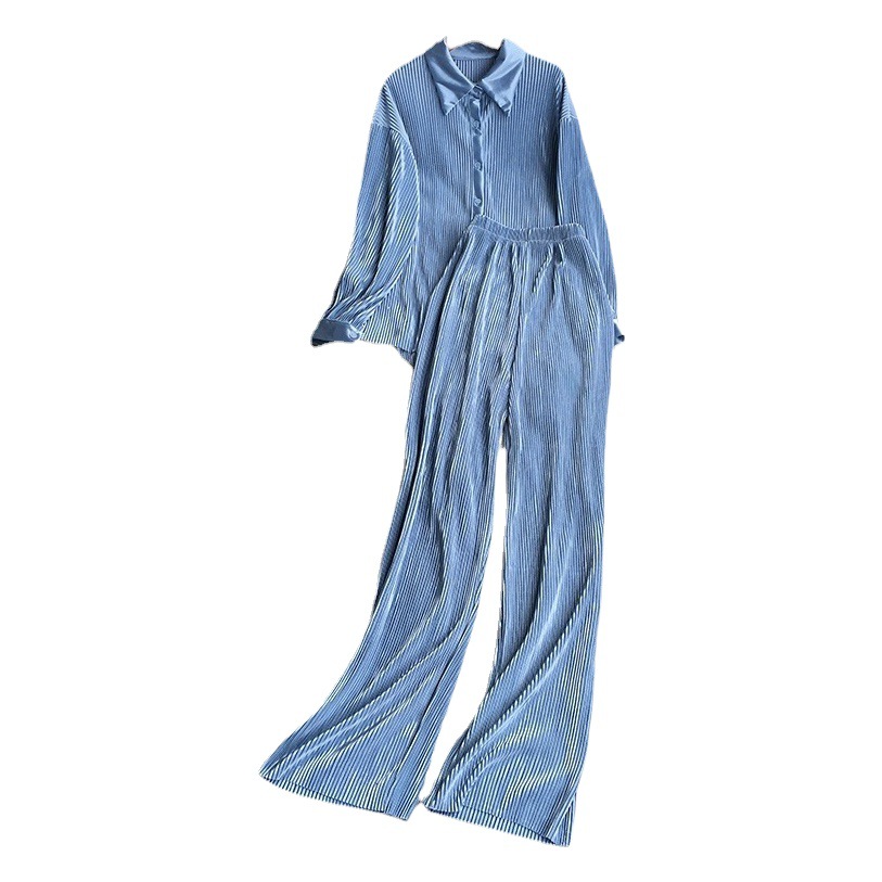 Cross-Border fashion set women's loose long sleeve pleated solid color shirt two-piece high waist draping straight wide leg trousers