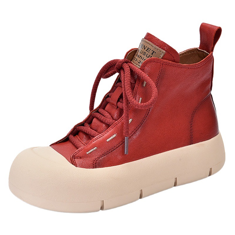 [Event Price 128] Sheepskin Casual Shoes Round Toe High Top Sneakers Red Genuine Leather Women's Shoes Lace up
