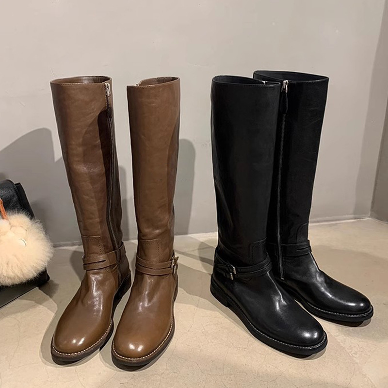 Grape mom autumn and winter new ~ double buckle with round head but knee side zipper high boots thick heel knight boots women