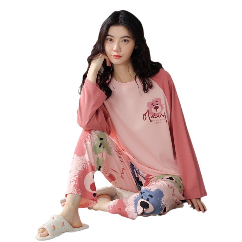 Women's cotton pajamas autumn long-sleeved cotton pullover sweet cartoon women's outdoor home wear suit entity wholesale