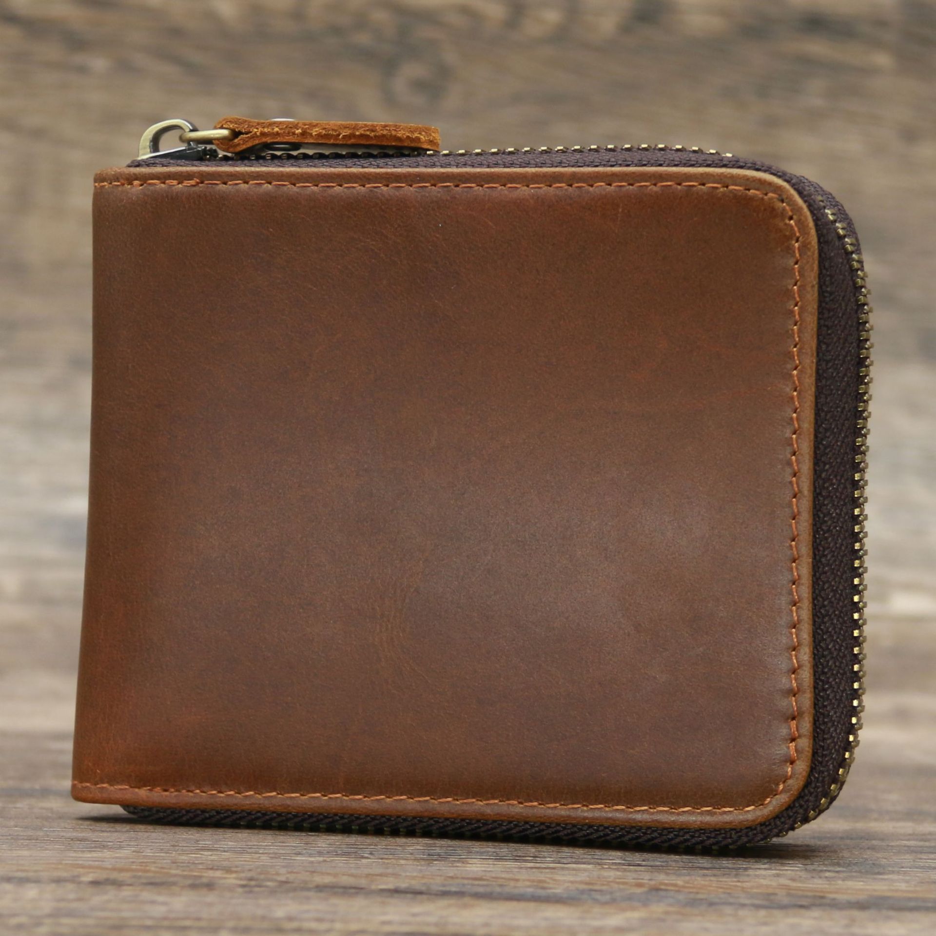 Picture of 9039 Short Wallet Men's Genuine Leather Wallet Crazy Horse Leather 80% off Wallet Card Holder Black Zipper Coin Wallet