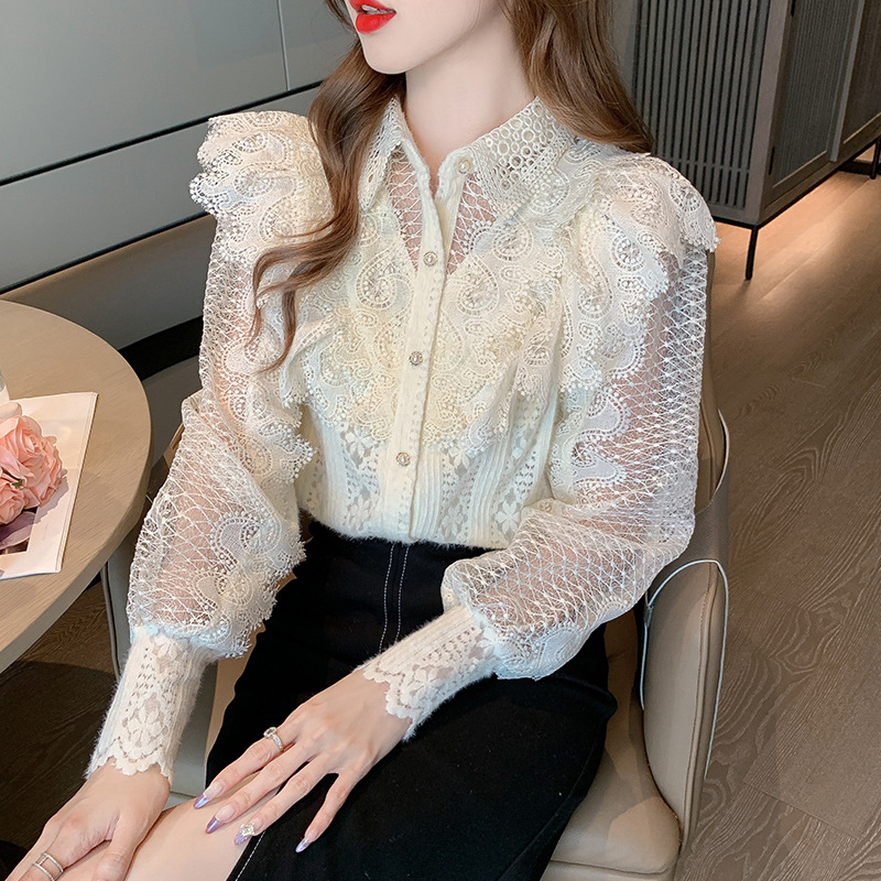 French Embroidered Cut Out Long-Sleeved Lace Shirt for Women 2024 Autumn and Winter New Style Small Shirt for Women Slimming Look Top