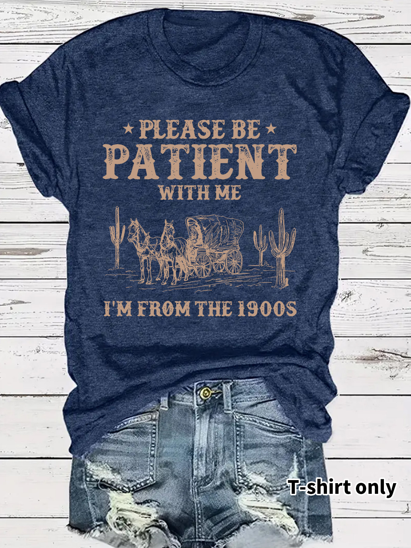 Picture of European and American Short-Sleeved Women's T-Shirts Summer Women's Clothing Western Denim Retro Pattern Round Neck Short-Sleeved Casual Fashion Export Hot Style