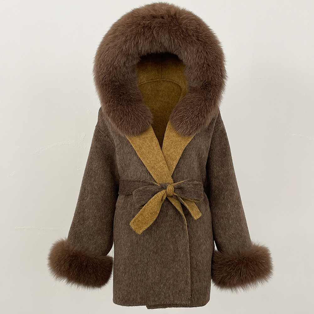 Picture of New Hooded Color-Blocked Fox Fur Collar Autumn and Winter Double-Sided Wool Outwear Women's Cloak Waist Thickeneded Woolen Outwear