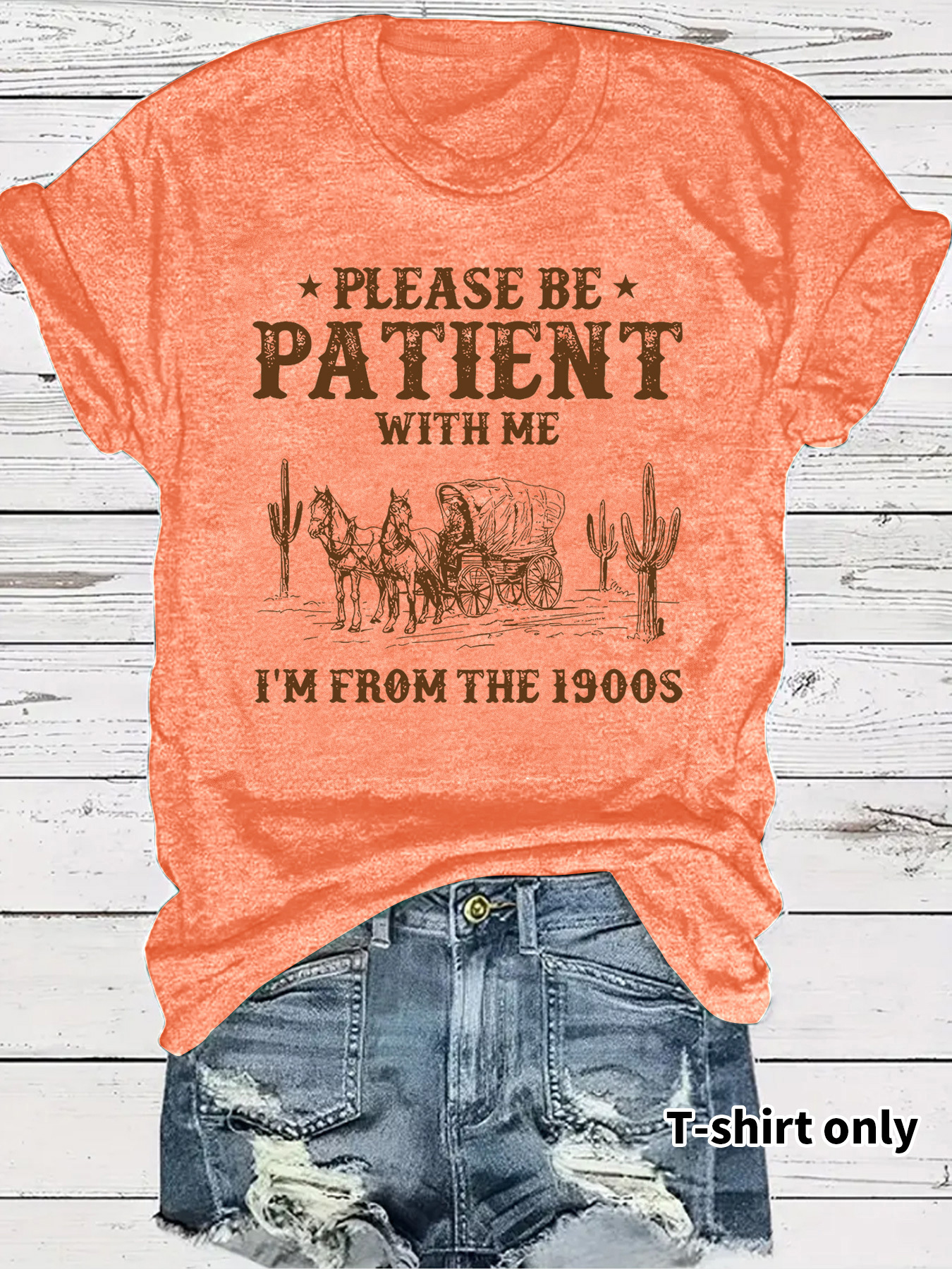 Picture of European and American Short-Sleeved Women's T-Shirts Summer Women's Clothing Western Denim Retro Pattern Round Neck Short-Sleeved Casual Fashion Export Hot Style