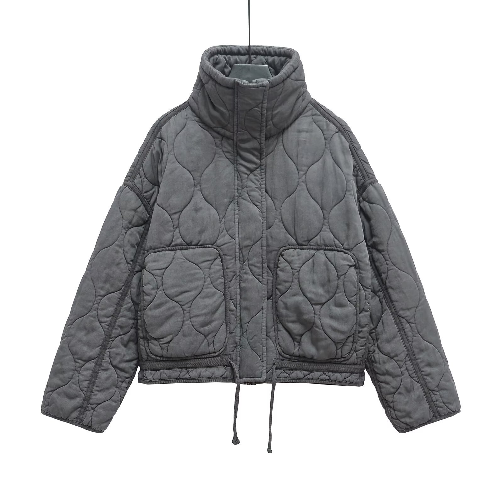 2024 Winter New European and American Cross-border Women's Urban Leisure Quilted Cotton Tencel Washed Collar Loose Cotton Coat