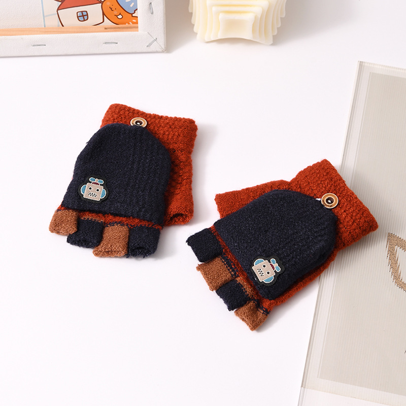 Picture of Children's flip gloves autumn and winter boys half finger warm cute Primary School students writing knitted dual-purpose gloves wholesale