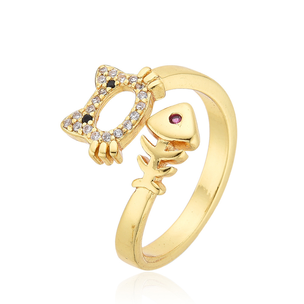 Picture of 4 Copper Set Zircon Activity Loving Heart Open Female Ring Pet Cat Fish Bone Loose Mouth Finger Ring Gold Color Preservation Jewelry