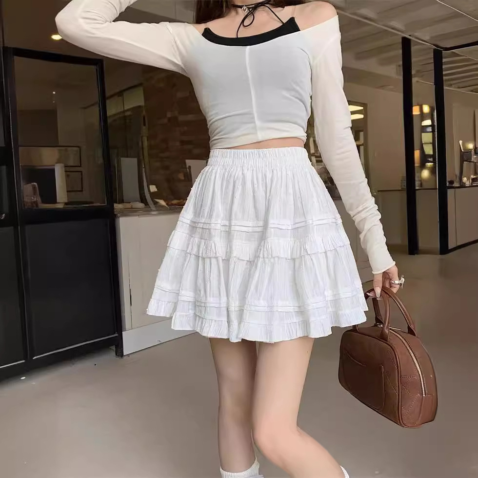 White Ruffle Skirt Women's 2025 New Summer High Waist Slimming Petite Cake Skirt Anti-slip Skirt