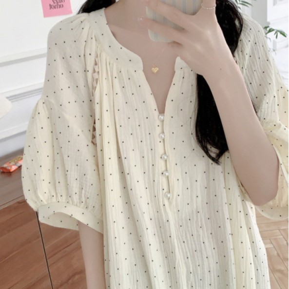 Cross-border Special for Foreign Trade South Korea Dongdaemun Pajamas Point Printing Home Clothes Double-layer Cotton Yarn Casual Loose Nightgown