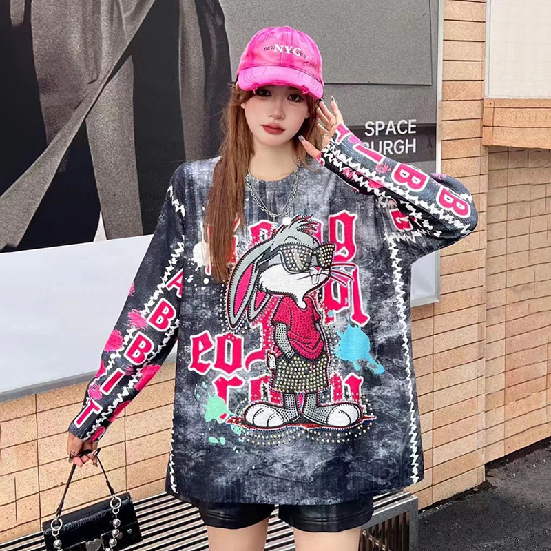Heavy Industry Hot Drilling Sweater Women's Knitted Loose Pullover Autumn and Winter New Fashion Mink Hair Long Sleeve Cartoon plus size Top