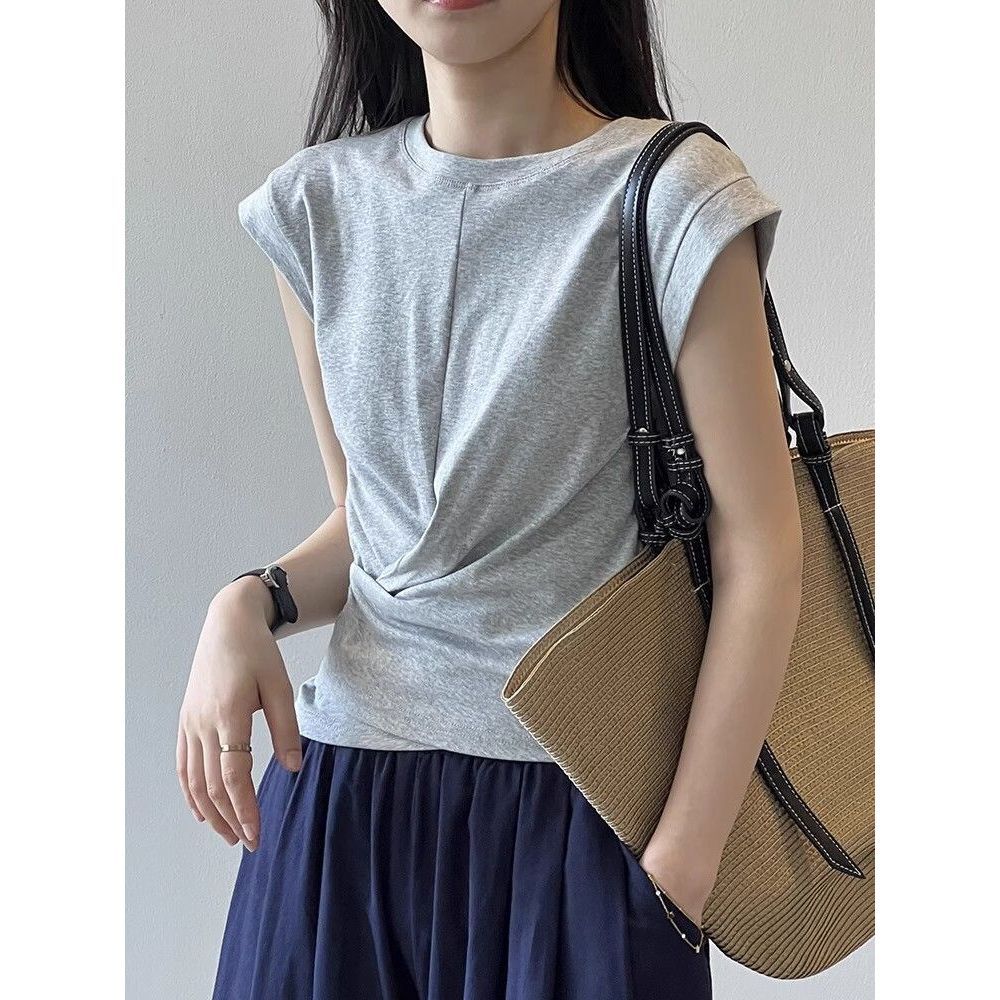 Picture of Designed Cross-Waist Asymmetrical Small Flying Sleeve T-Shirt for Women Summer New Pleated Slim Short Modal Top