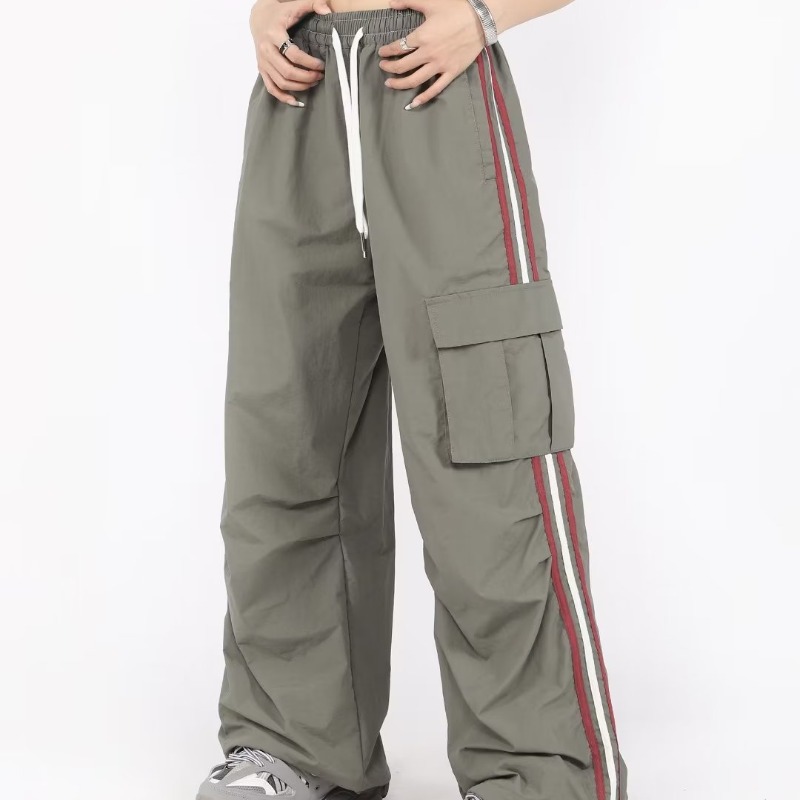 American Style Overalls Women's Summer Loose Straight Wide Leg Casual Pants Retro Contrast Color Striped Sports Charge Pants Trendy