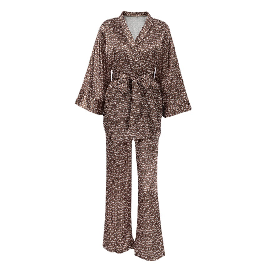 Autumn European and American-style Silk Printed Pajamas Cool-feeling Cardigan Nightgown Pants suit Loose Women's Home Clothes Outer Wear