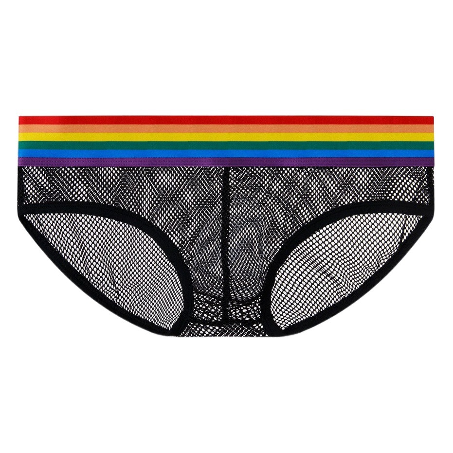 Foreign trade hot sale Men's mesh rainbow belt underwear mesh breathable perspective sexy briefs European and American fashion
