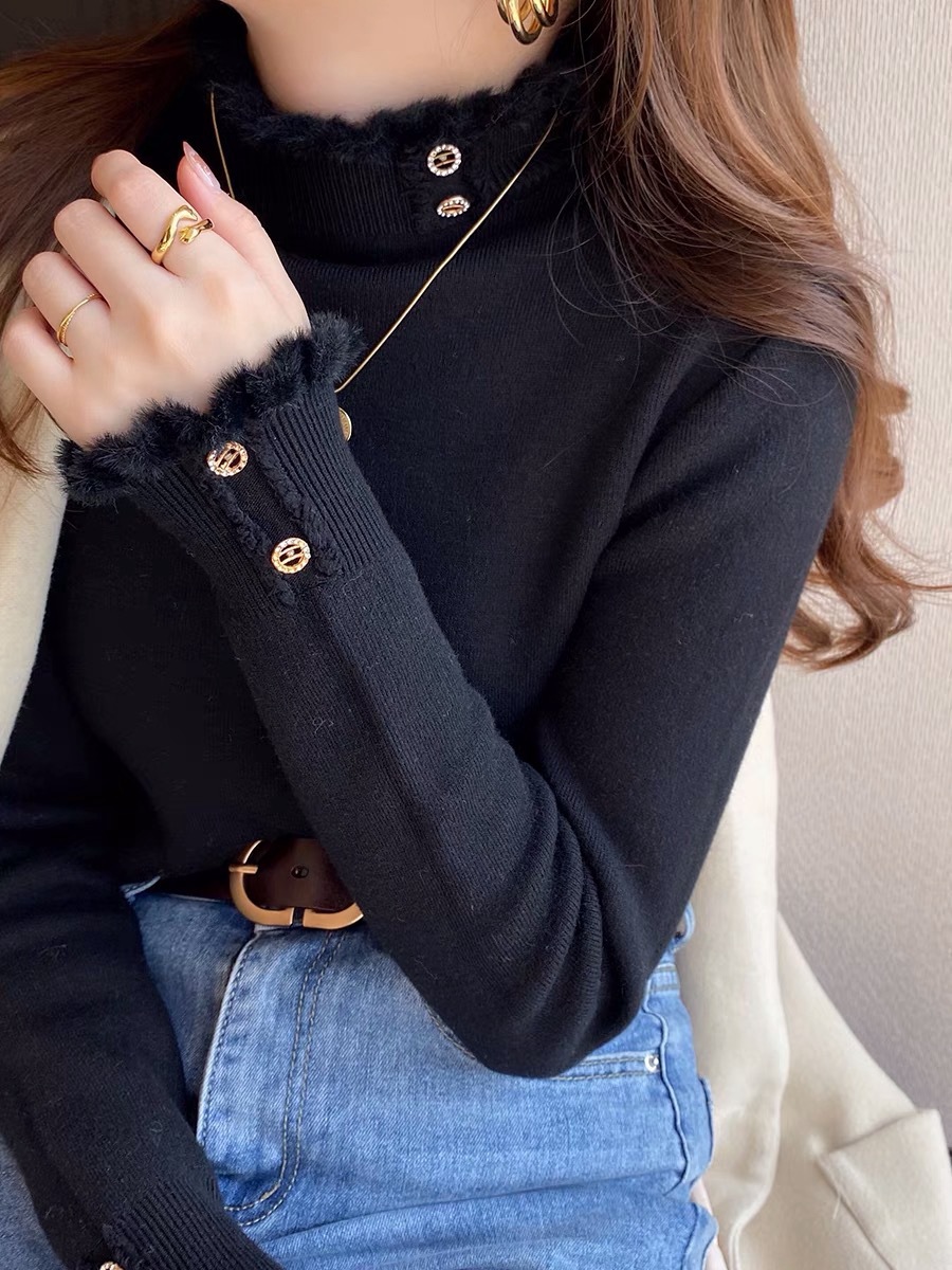 Picture of One-Piece Velvet Sweater for Women, Warm Inner Wear, 2024 Autumn and Winter Design, Western-Style Bottoming Shirt, Thick Velvet Half Turtleneck Top