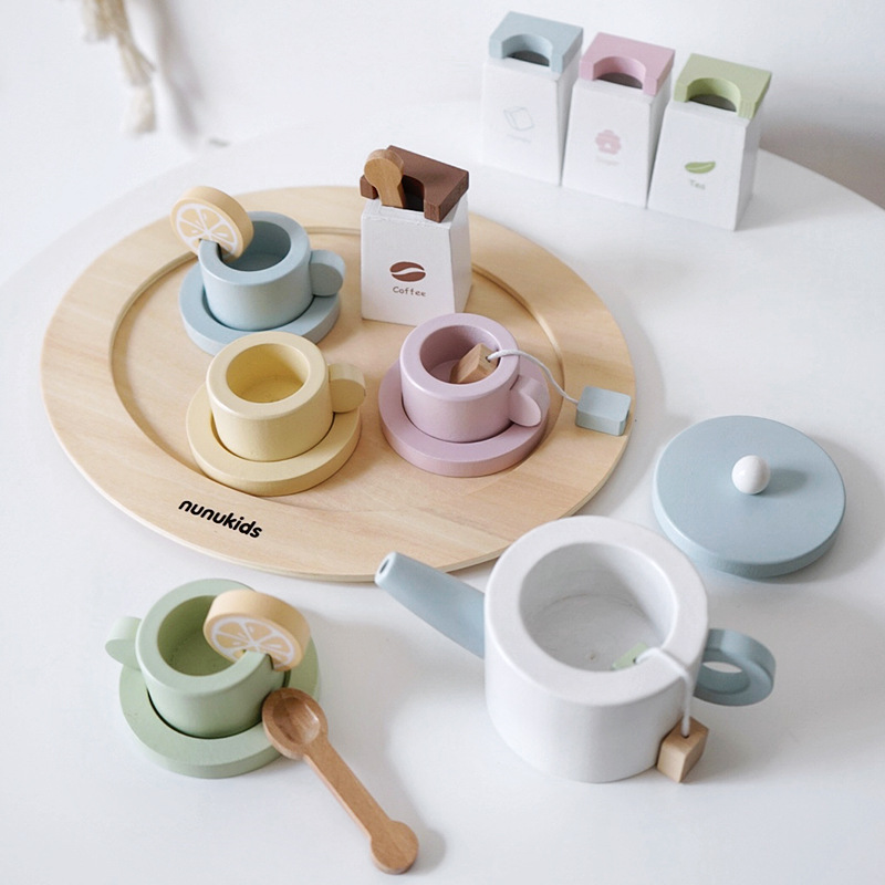 Picture of Children's kitchen play house tea set suit wooden toy afternoon tea girl simulation toy 3 years old teapot tea cup