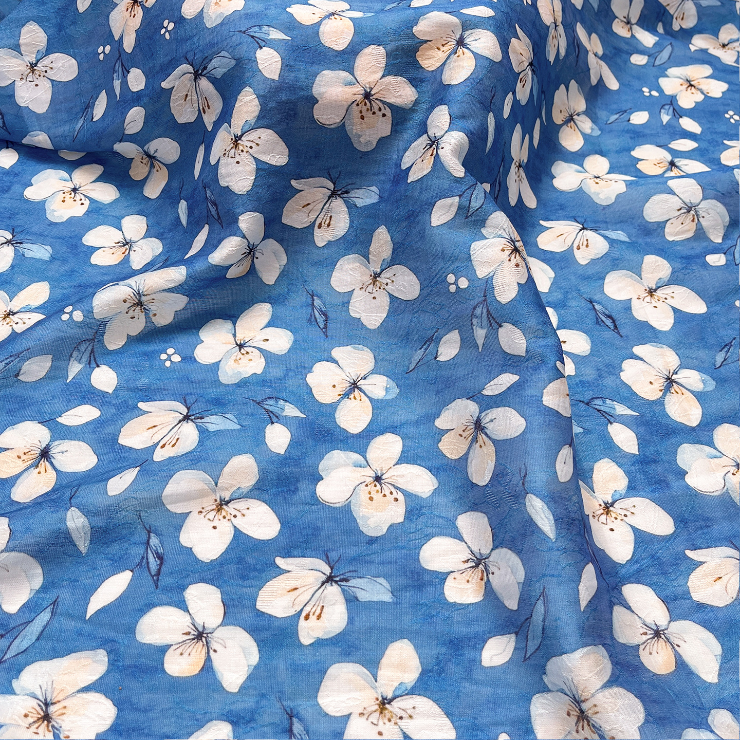 Picture of Tencel Jacquard Fabric with Blue Background and Pear Blossoms, 1.5m Width, New Chinese Style National Style Hanfu Cheongsam Dress Fabric