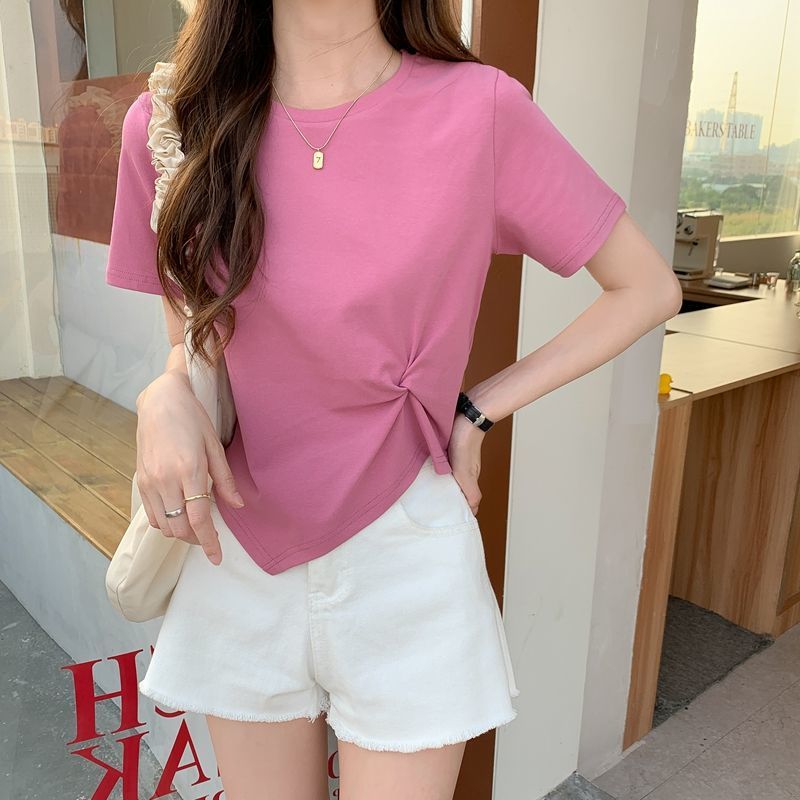 Picture of Irregular Short-Sleeved T-Shirt for Women 2023 New Summer Thoughtful Design Niche Half-Sleeved High-Waisted Short Top