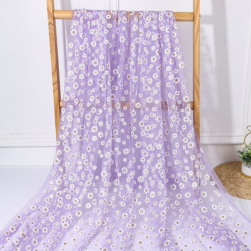 INS Magic Color Printing Gold Daisy Mesh Fabric Chrysanthemum Gold Powder Mesh Children's Clothes Doll Lolita Handmade Yarn