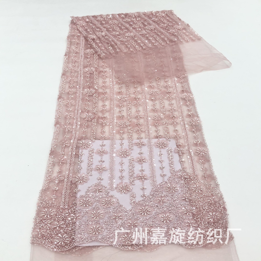 Small fresh vertical stripe long rice beads small flower lace fabric fashion nail bead dress wedding dress embroidered cloth