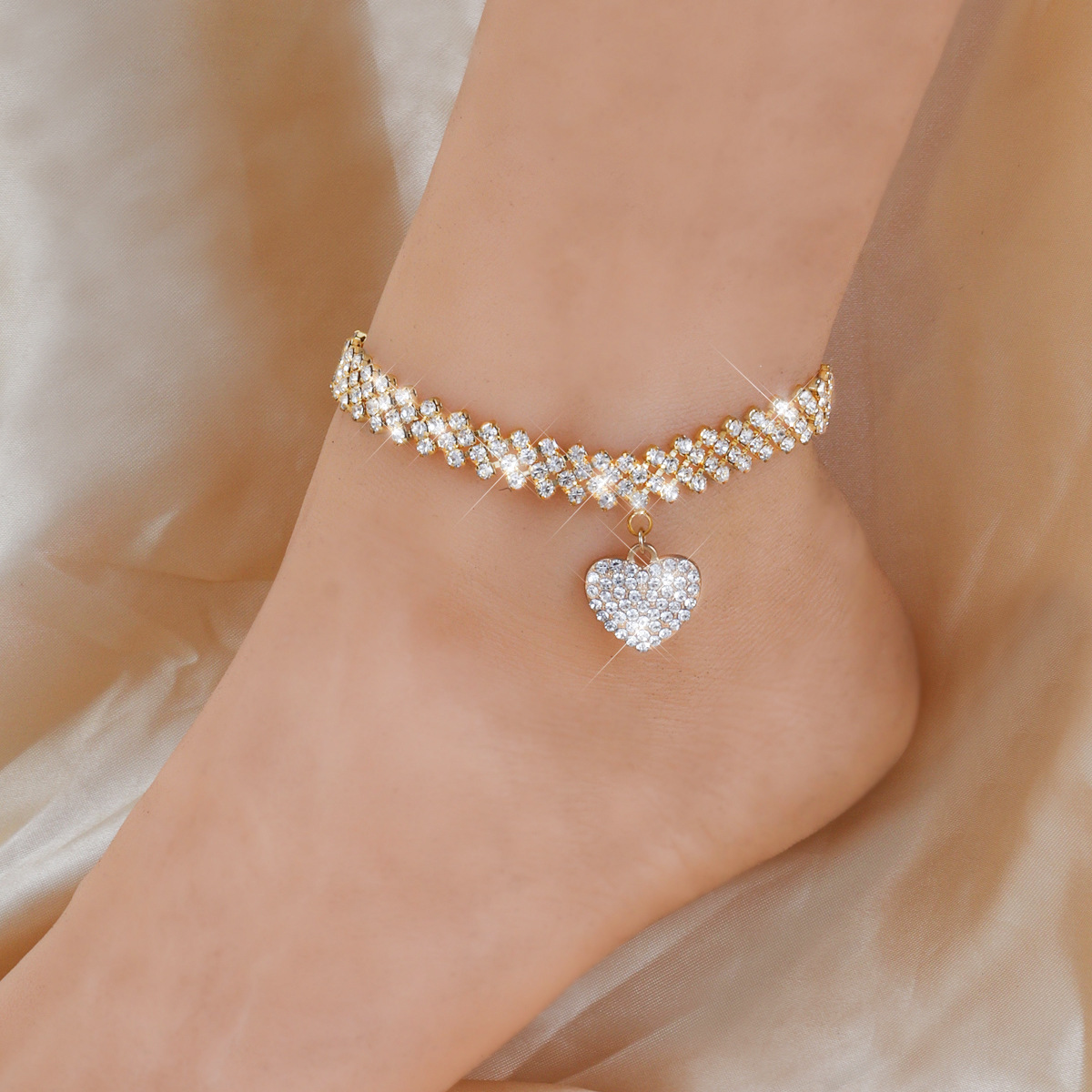 Europe and the United States cross-border new personalized fashion beach full diamond diamond foot ornaments rhinestone peach heart pendant ankle chain anklet women