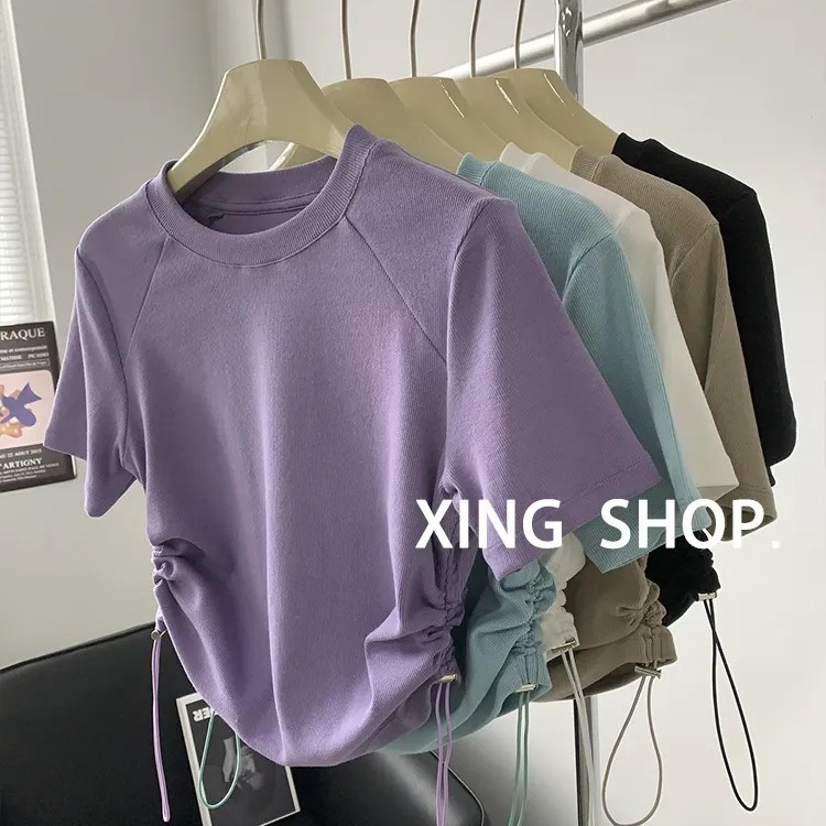 Purple Shoulder T-shirt Women's Summer and Summer Design Sense Niche Waist Drawstring Short Short Short-sleeved T-shirt Top