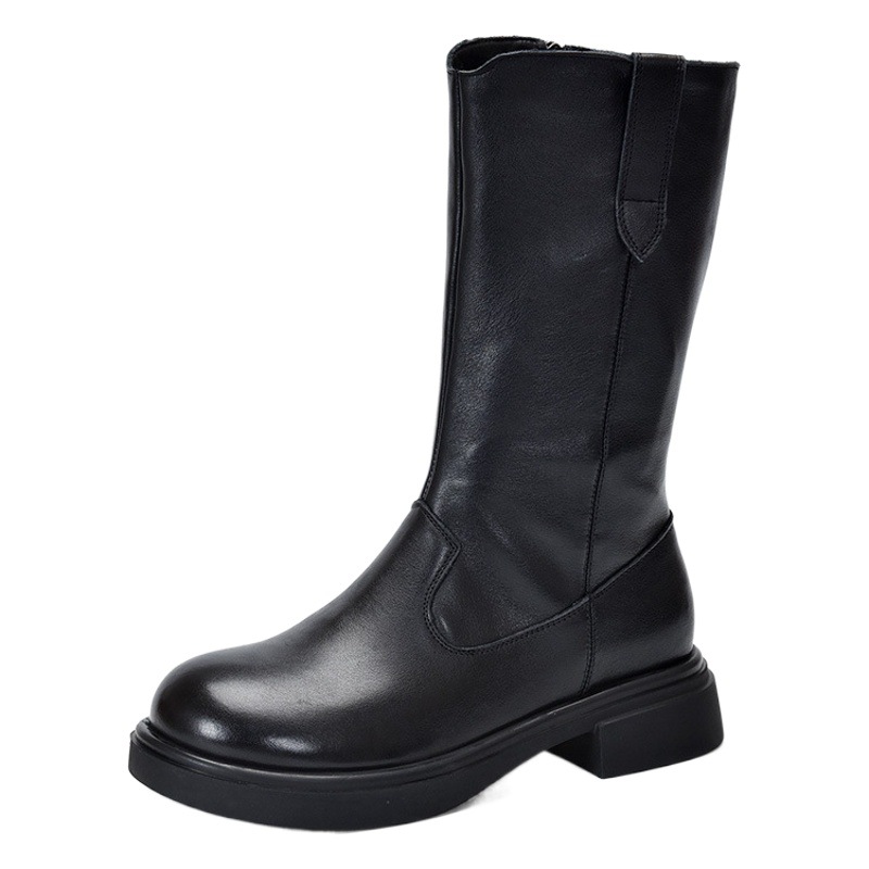 Genuine Leather High Boots Side Zipper Knight Boots 2025 Autumn and Winter New First Layer Cowhide Mid-Calf Boots Mid-Heel Fleece-Lined Women's Cotton Boots