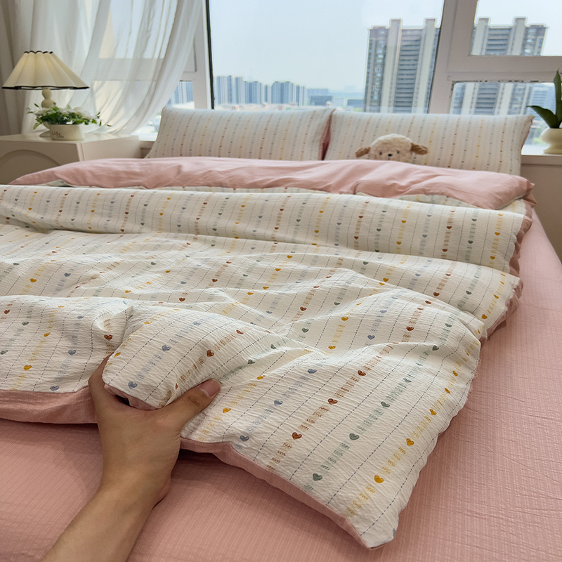 Picture of Double-Layer Gauze Wrinkled Cotton Bed Four-Piece Set Small Fresh Quilt Cover Home Ins Style Floral Summer New Three-Piece Set