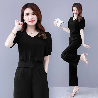 Picture of Popular Set Women's Summer 2022 New Fashion Professional Foreign Temperament Age-reducing Goddess Fan Belly-covered Two-piece Wide-leg Pants