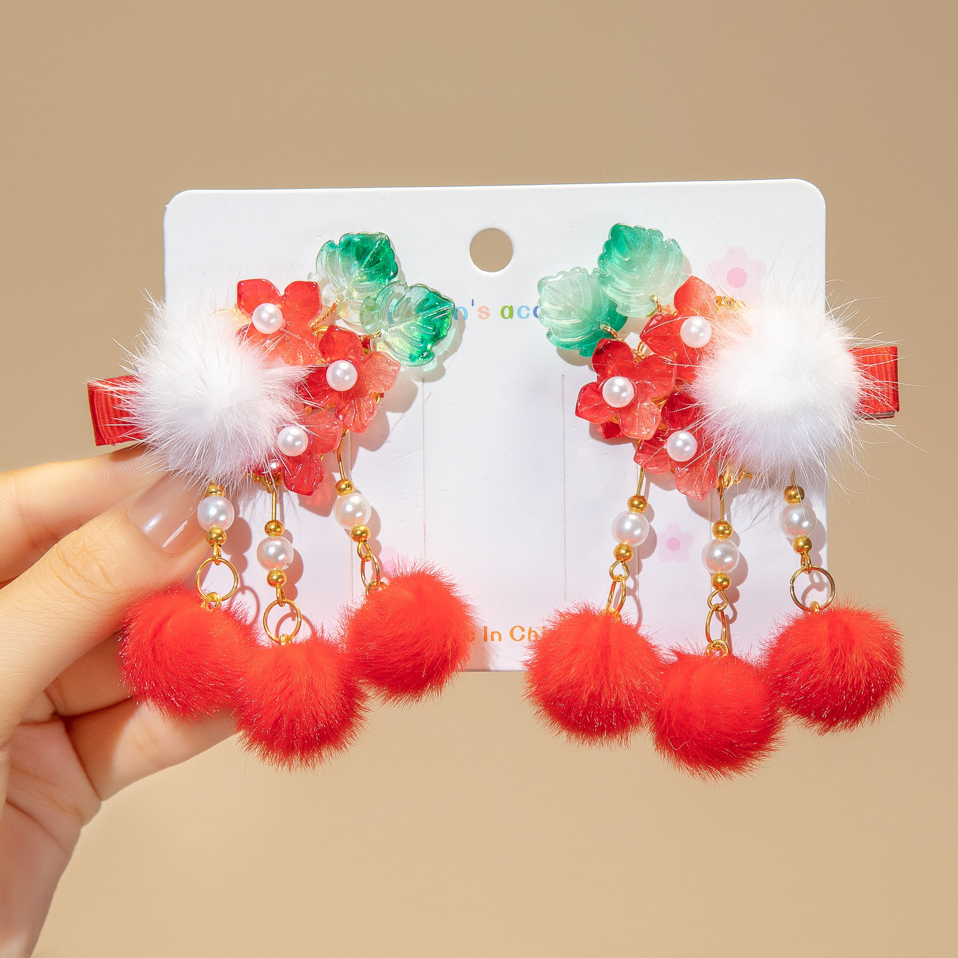 Picture of New Year Red Headwear Children's Antique Fluffy Flower Hair Ball Tassel Hairpin Girls New Year Greeting Hairpin New Year Celebration Hair Accessories